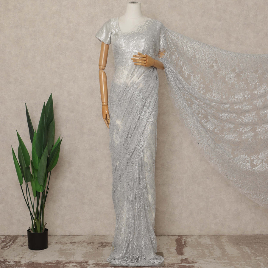 Silver Premium French Metallic Chantilly Saree Lace With Stone Work 5.5 Mtrs Length 110 Cms Width Designer Net Fabric Made In France, Blouse Not Included-D28137