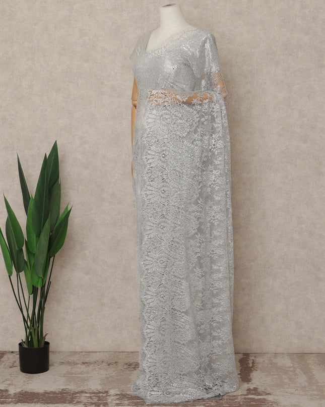 Silver Premium French Metallic Chantilly Saree Lace With Stone Work 5.5 Mtrs Length 110 Cms Width Designer Net Fabric Made In France, Blouse Not Included-D28137
