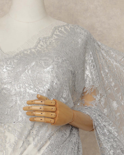 Silver Premium French Metallic Chantilly Saree Lace With Stone Work 5.5 Mtrs Length 110 Cms Width Designer Net Fabric Made In France, Blouse Not Included-D28137