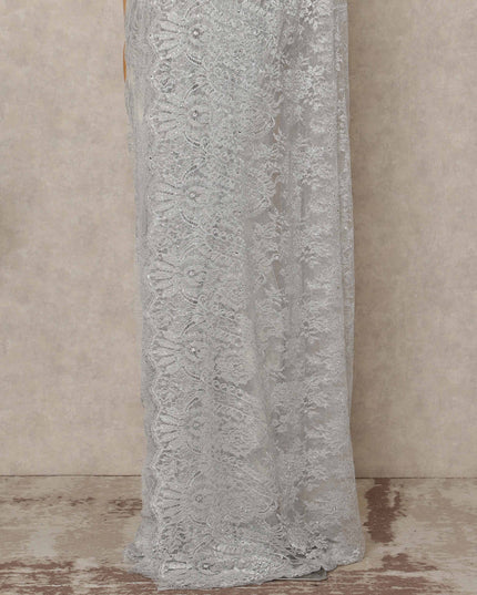 Silver Premium French Metallic Chantilly Saree Lace With Stone Work 5.5 Mtrs Length 110 Cms Width Designer Net Fabric Made In France, Blouse Not Included-D28137