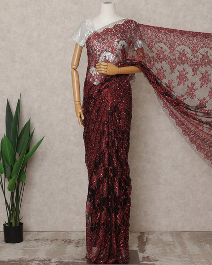 Maroon Premium French Metallic Chantilly Lace Saree Fabric with Stone Work – 5.5 Meters Length, 110 Cms Width, Imported from France-D25724