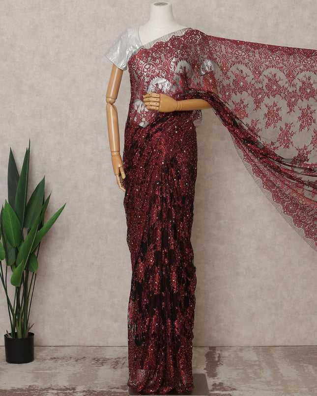 Maroon Premium French Metallic Chantilly Lace Saree Fabric with Stone Work – 5.5 Meters Length, 110 Cms Width, Imported from France-D25724