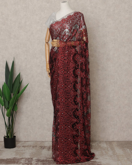 Maroon Premium French Metallic Chantilly Lace Saree Fabric with Stone Work – 5.5 Meters Length, 110 Cms Width, Imported from France-D25724