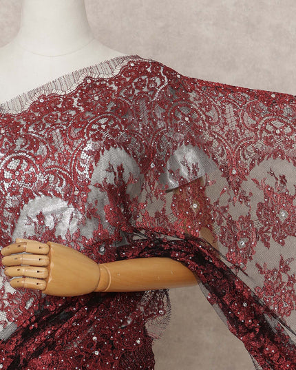 Maroon Premium French Metallic Chantilly Lace Saree Fabric with Stone Work – 5.5 Meters Length, 110 Cms Width, Imported from France-D25724