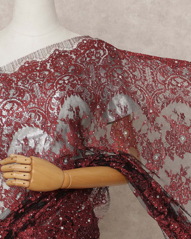 Maroon Premium French Metallic Chantilly Lace Saree Fabric with Stone Work – 5.5 Meters Length, 110 Cms Width, Imported from France-D25724