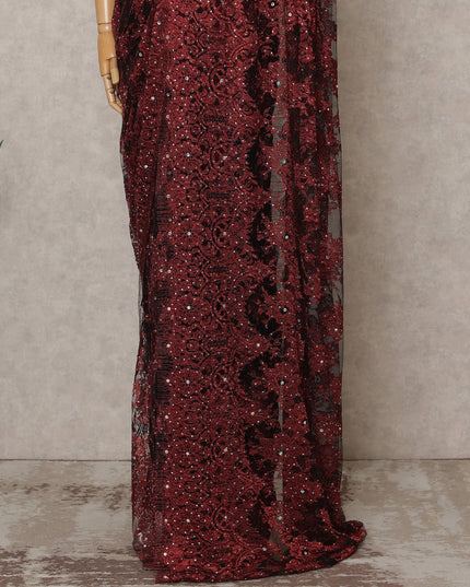 Maroon Premium French Metallic Chantilly Lace Saree Fabric with Stone Work – 5.5 Meters Length, 110 Cms Width, Imported from France-D25724