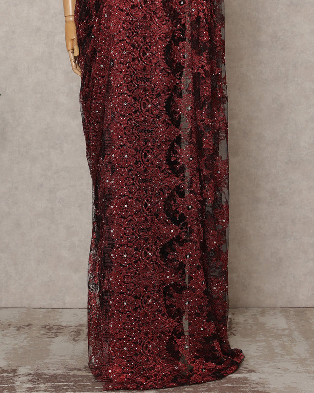 Maroon Premium French Metallic Chantilly Lace Saree Fabric with Stone Work – 5.5 Meters Length, 110 Cms Width, Imported from France-D25724