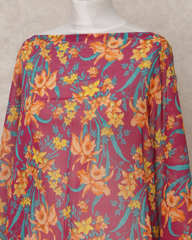 Maroon & Orange Floral Traditional Somali Cotton Voile Dirac Fabric, 3.5 Mtrs, Width 140 Cms, Made in Italy-D24726