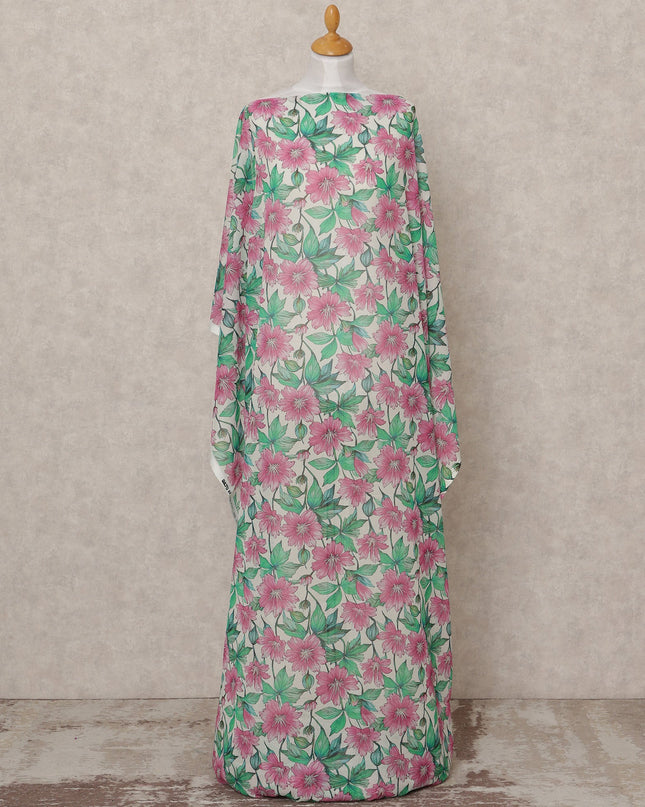 White & Pink Floral Traditional Somali Cotton Voile Dirac Fabric, 3.5 Mtrs, Width 140 Cms, Made in Italy-D24713