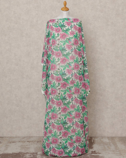 قماش ديراك من القطن الصومالي الأبيض بنقشة زهور وردية وخضراء - 3.5 متر، عرض 140 سم، صنع في إيطاليا - D24542