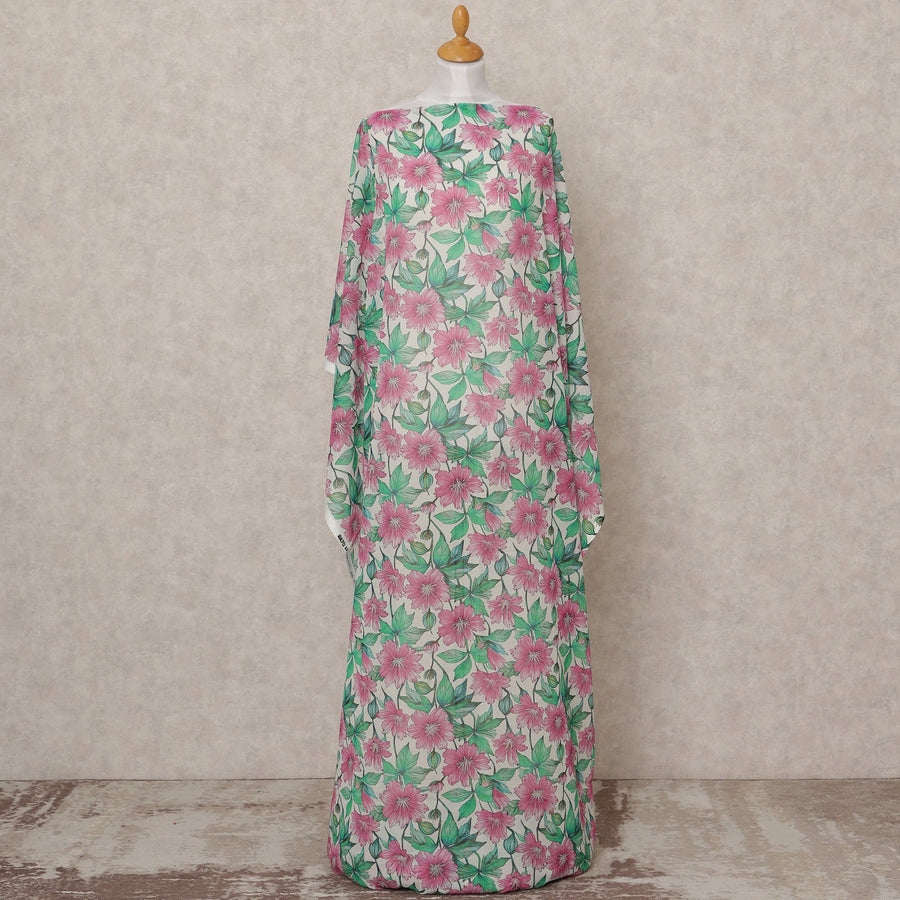 قماش ديراك من القطن الصومالي الأبيض بنقشة زهور وردية وخضراء - 3.5 متر، عرض 140 سم، صنع في إيطاليا - D24542