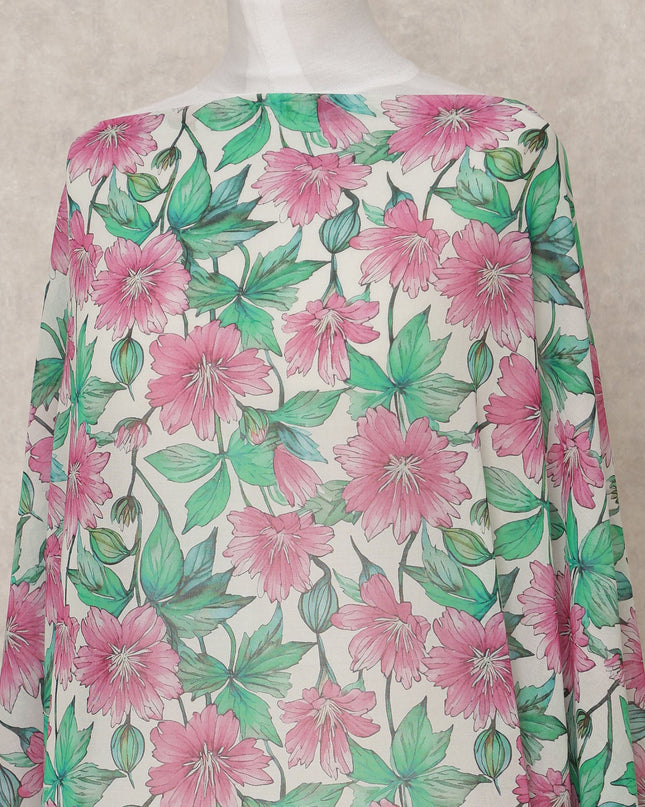 White & Pink Floral Traditional Somali Cotton Voile Dirac Fabric, 3.5 Mtrs, Width 140 Cms, Made in Italy-D24713