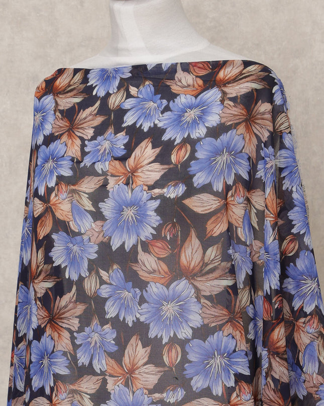 Black & Blue Floral Traditional Somali Cotton Voile Dirac Fabric, 3.5 Mtrs, Width 140 Cms, Made in Italy-D24722