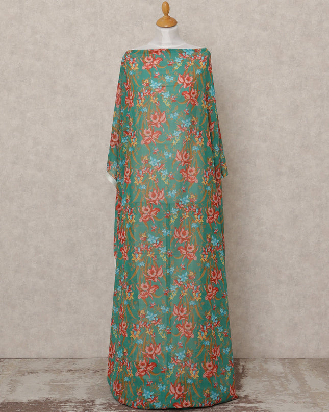 Green & Red Floral Traditional Somali Cotton Voile Dirac Fabric, 3.5 Mtrs, Width 140 Cms, Made in Italy-D24723