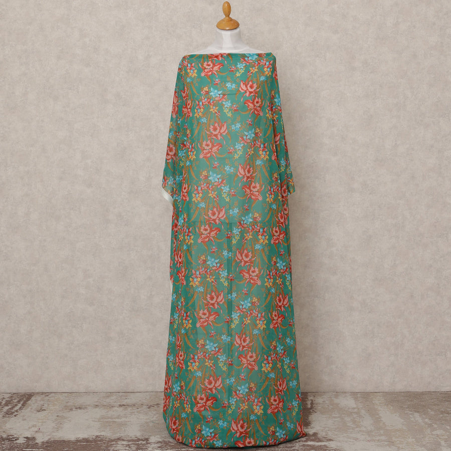 Green & Red Floral Traditional Somali Cotton Voile Dirac Fabric, 3.5 Mtrs, Width 140 Cms, Made in Italy-D24723