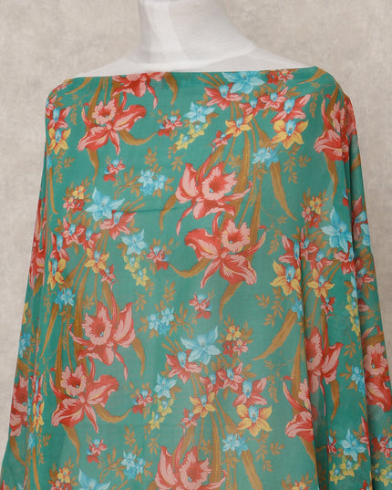 Green & Red Floral Traditional Somali Cotton Voile Dirac Fabric, 3.5 Mtrs, Width 140 Cms, Made in Italy-D24723