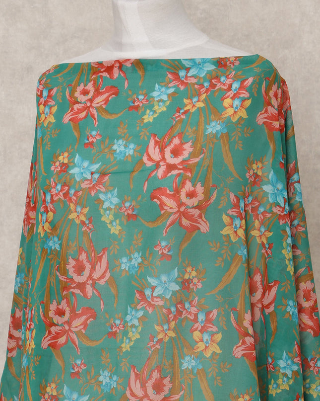 Green & Red Floral Traditional Somali Cotton Voile Dirac Fabric, 3.5 Mtrs, Width 140 Cms, Made in Italy-D24723