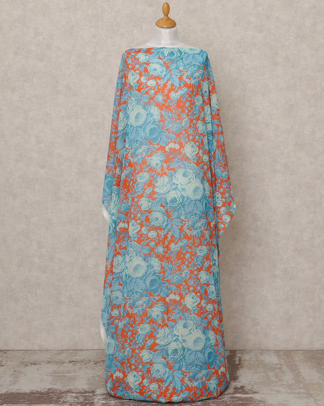 Turquoise & Orange Floral Traditional Somali Cotton Voile Dirac Fabric, 3.5 Mtrs, Width 140 Cms, Made in Italy-D24715