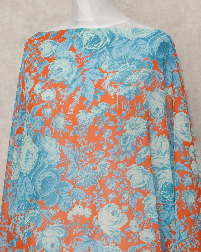 Turquoise & Orange Floral Traditional Somali Cotton Voile Dirac Fabric, 3.5 Mtrs, Width 140 Cms, Made in Italy-D24715