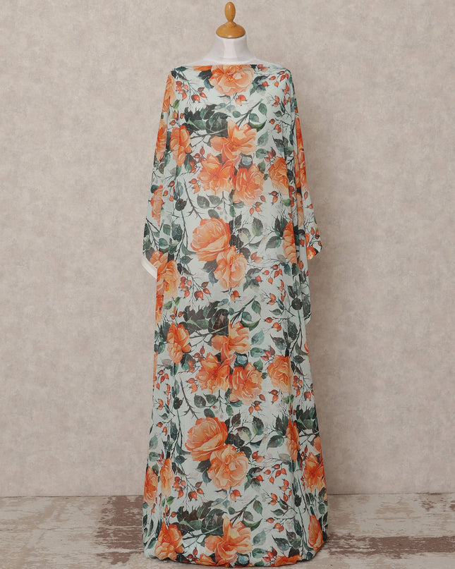 Light Blue & Orange Floral Traditional Somali Cotton Voile Dirac Fabric, 3.5 Mtrs, Width 140 Cms, Made in Italy-D24725