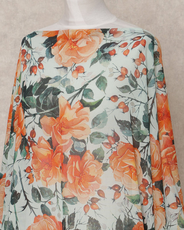 Light Blue & Orange Floral Traditional Somali Cotton Voile Dirac Fabric, 3.5 Mtrs, Width 140 Cms, Made in Italy-D24725