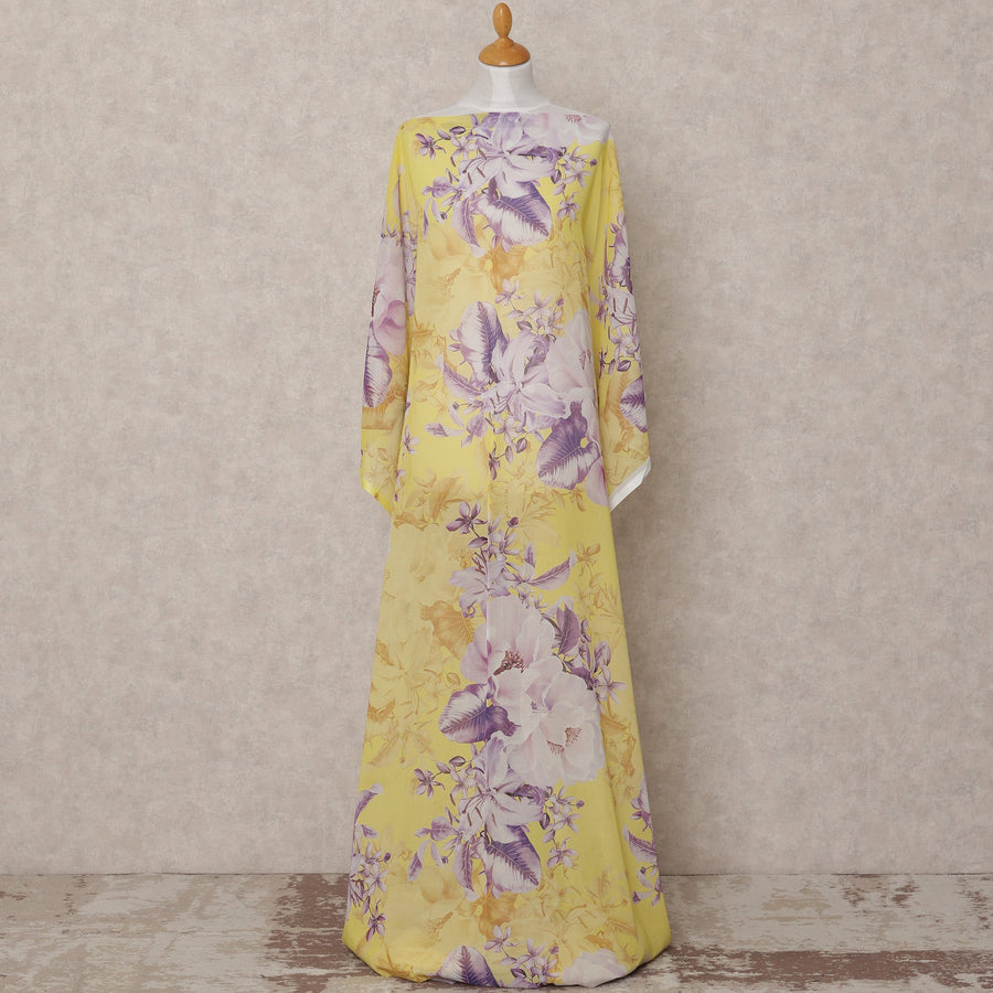Yellow & Lilac Floral Traditional Somali Cotton Voile Dirac Fabric, 3.5 Mtrs, Width 140 Cms, Made in Italy-D24720