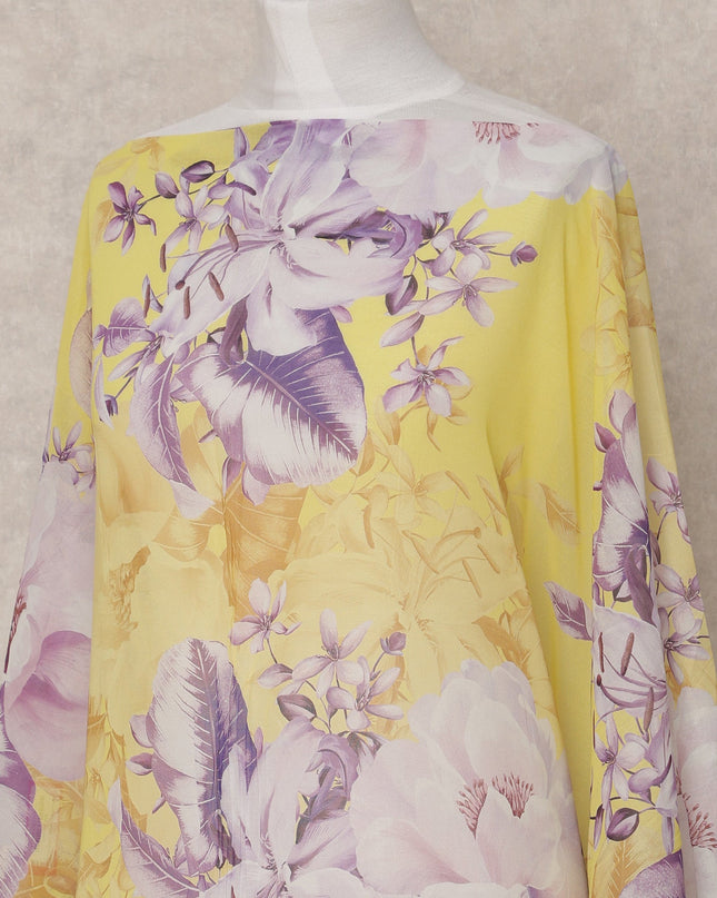 Yellow & Lilac Floral Traditional Somali Cotton Voile Dirac Fabric, 3.5 Mtrs, Width 140 Cms, Made in Italy-D24720