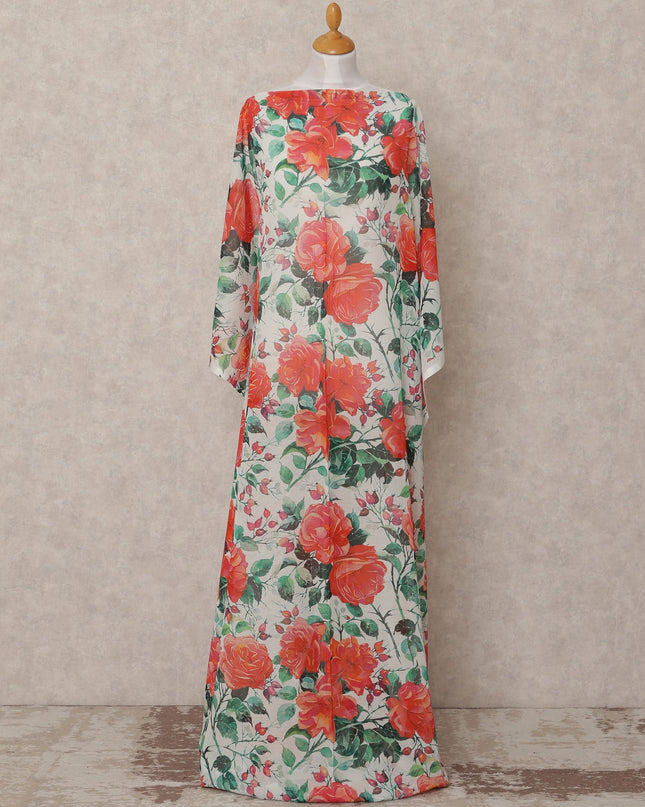 White & Red Floral Traditional Somali Cotton Voile Dirac Fabric, 3.5 Mtrs, Width 140 Cms, Made in Italy-D24729