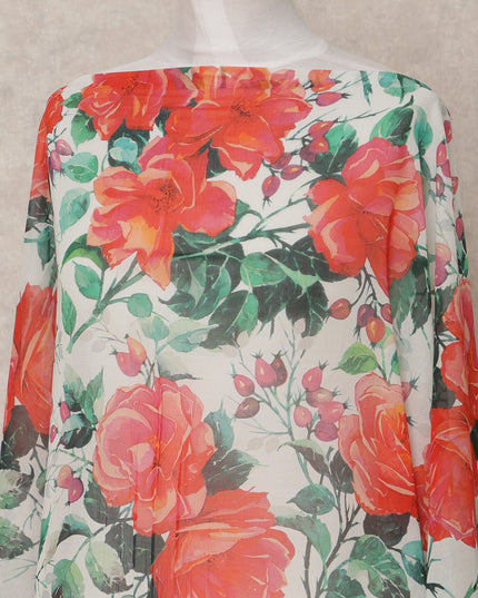 White & Red Floral Traditional Somali Cotton Voile Dirac Fabric, 3.5 Mtrs, Width 140 Cms, Made in Italy-D24729