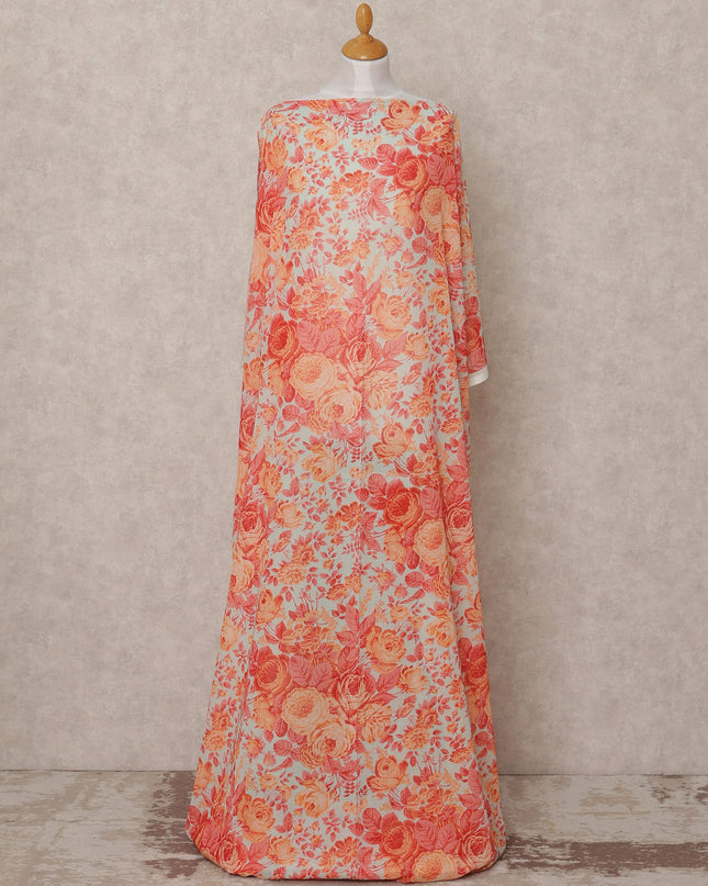 Light Blue & Orange Floral Traditional Somali Cotton Voile Dirac Fabric, 3.5 Mtrs, Width 140 Cms, Made in Italy-D24728