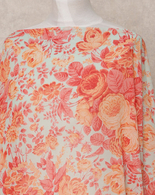 Light Blue & Orange Floral Traditional Somali Cotton Voile Dirac Fabric, 3.5 Mtrs, Width 140 Cms, Made in Italy-D24728