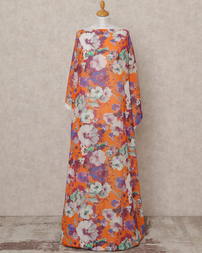 Orange & Multicolor Floral Traditional Somali Cotton Voile Dirac Fabric, 3.5 Mtrs, Width 140 Cms, Made in Italy-D24717