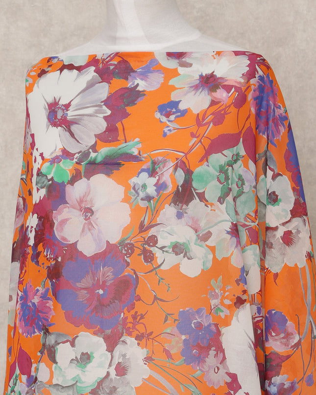 Orange & Multicolor Floral Traditional Somali Cotton Voile Dirac Fabric, 3.5 Mtrs, Width 140 Cms, Made in Italy-D24717