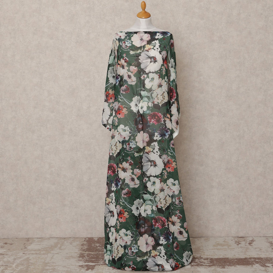 Dark Green & White Floral Traditional Somali Cotton Voile Dirac Fabric, 3.5 Mtrs, Width 140 Cms, Made in Italy-D24724