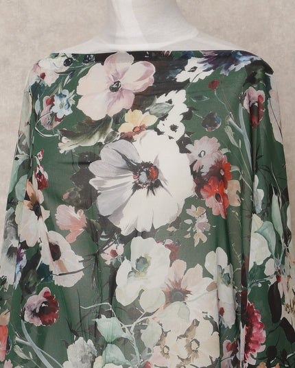 Dark Green & White Floral Traditional Somali Cotton Voile Dirac Fabric, 3.5 Mtrs, Width 140 Cms, Made in Italy-D24724