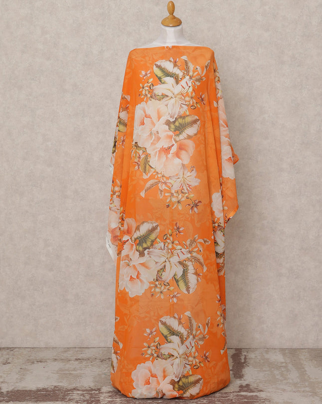 Orange & White Floral Traditional Somali Cotton Voile Dirac Fabric, 3.5 Mtrs, Width 140 Cms, Made in Italy-D24730