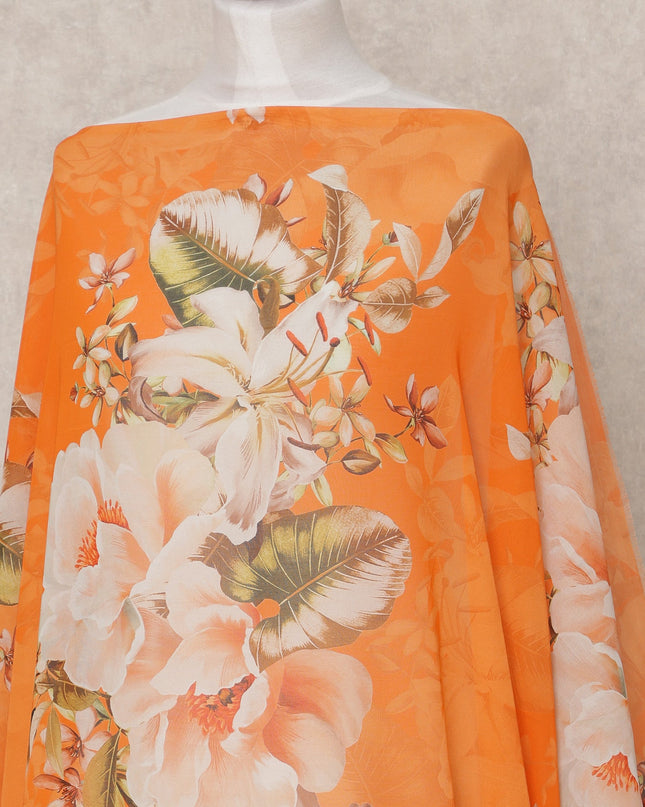 Orange & White Floral Traditional Somali Cotton Voile Dirac Fabric, 3.5 Mtrs, Width 140 Cms, Made in Italy-D24730