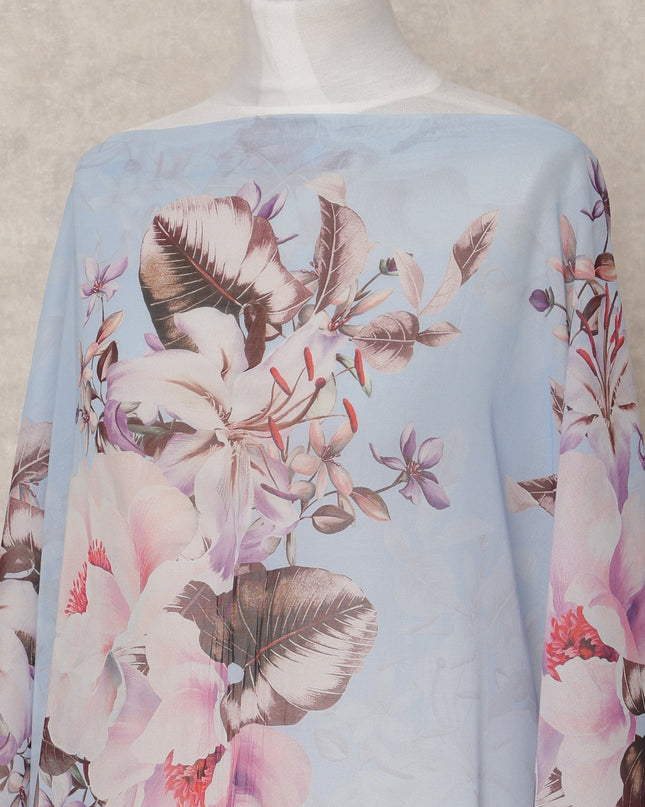 Light Blue & Pink Floral Traditional Somali Cotton Voile Dirac Fabric, 3.5 Mtrs, Width 140 Cms, Made in Italy-D24719