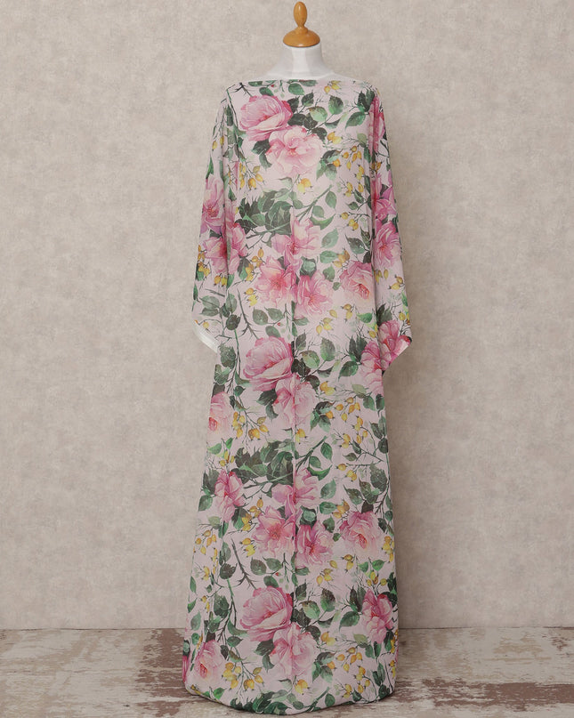 White & Pink Rose Floral Traditional Somali Cotton Voile Dirac Fabric, 3.5 Mtrs, Width 140 Cms, Made in Italy-D24714