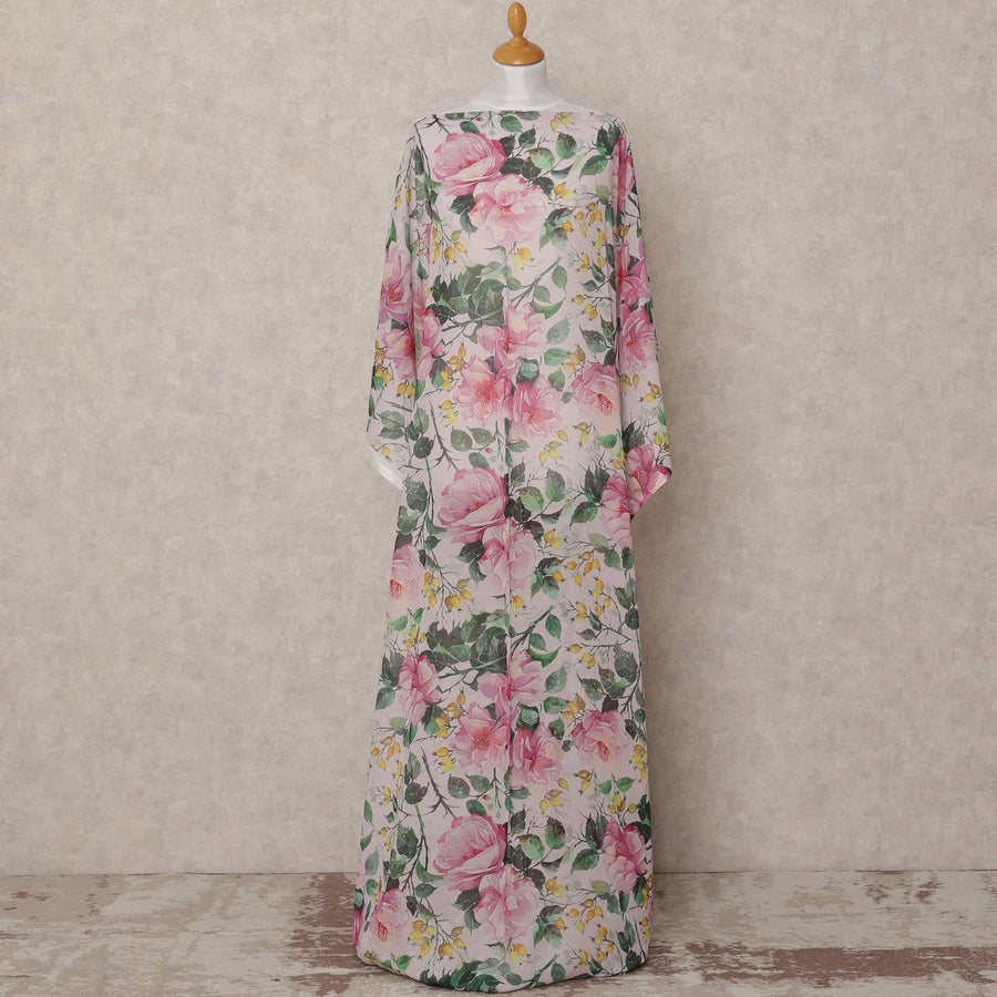 White & Pink Rose Floral Traditional Somali Cotton Voile Dirac Fabric, 3.5 Mtrs, Width 140 Cms, Made in Italy-D24714