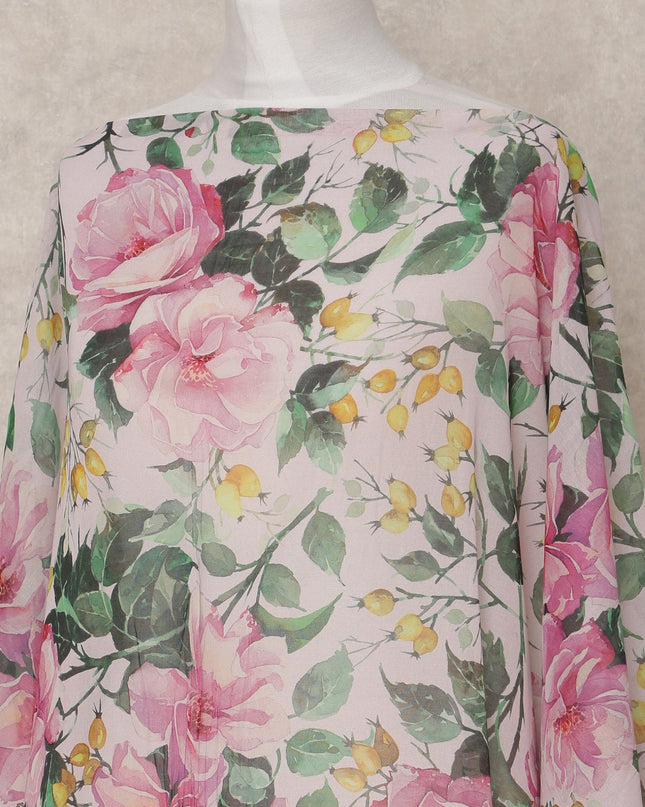 White & Pink Rose Floral Traditional Somali Cotton Voile Dirac Fabric, 3.5 Mtrs, Width 140 Cms, Made in Italy-D24714