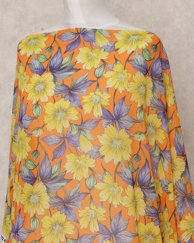Yellow & Orange Floral Traditional Somali Cotton Voile Dirac Fabric, 3.5 Mtrs, Width 140 Cms, Made in Italy-D24721