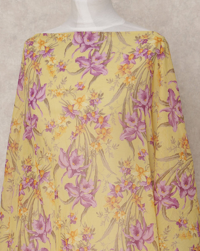 Yellow & Purple Floral Traditional Somali Cotton Voile Dirac Fabric, 3.5 Mtrs, Width 140 Cms, Made in Italy-D24716