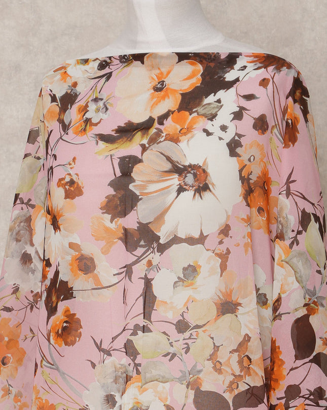 Pink & Brown Floral Traditional Somali Cotton Voile Dirac Fabric, 3.5 Mtrs, Width 140 Cms, Made in Italy-D24718