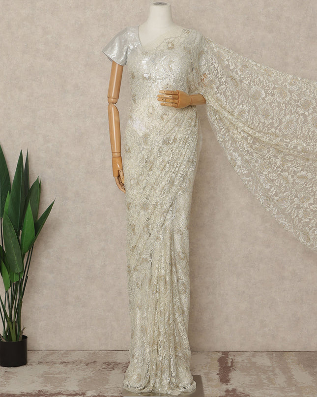 Champagne Gold Premium French Metallic Chantilly Saree Lace With Stonework 5.5 Mtrs 110 Cms Width France-D27777