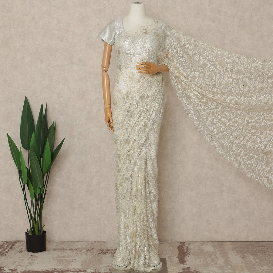 Champagne Gold Premium French Metallic Chantilly Saree Lace With Stonework 5.5 Mtrs 110 Cms Width France-D27777