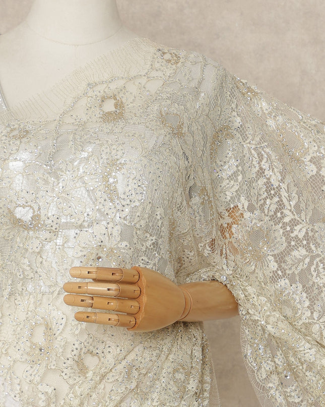 Champagne Gold Premium French Metallic Chantilly Saree Lace With Stonework 5.5 Mtrs 110 Cms Width France-D27777