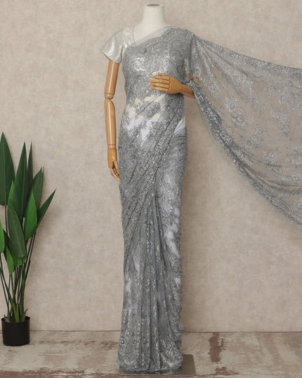 Silver Grey Premium French Metallic Chantilly Saree Lace With Stonework 5.5 Mtrs 110 Cms Width France-D27782