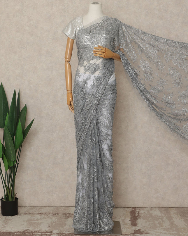 Silver Grey Premium French Metallic Chantilly Saree Lace With Stonework 5.5 Mtrs 110 Cms Width France-D27782