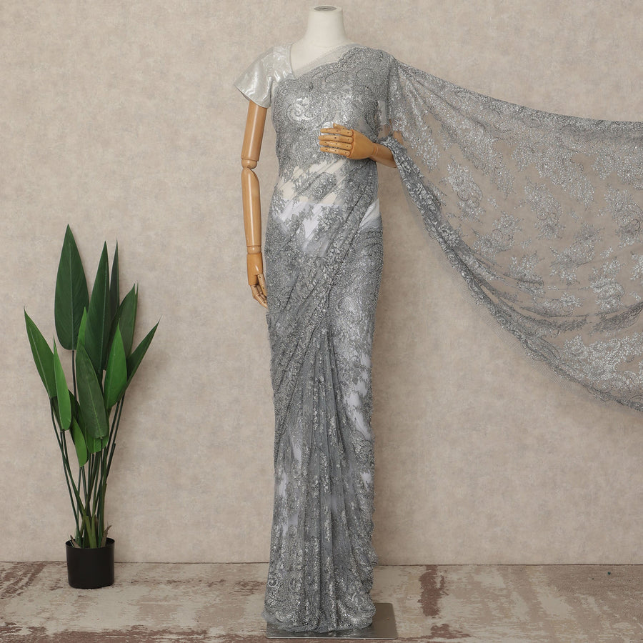 Silver Grey Premium French Metallic Chantilly Saree Lace With Stonework 5.5 Mtrs 110 Cms Width France-D27782